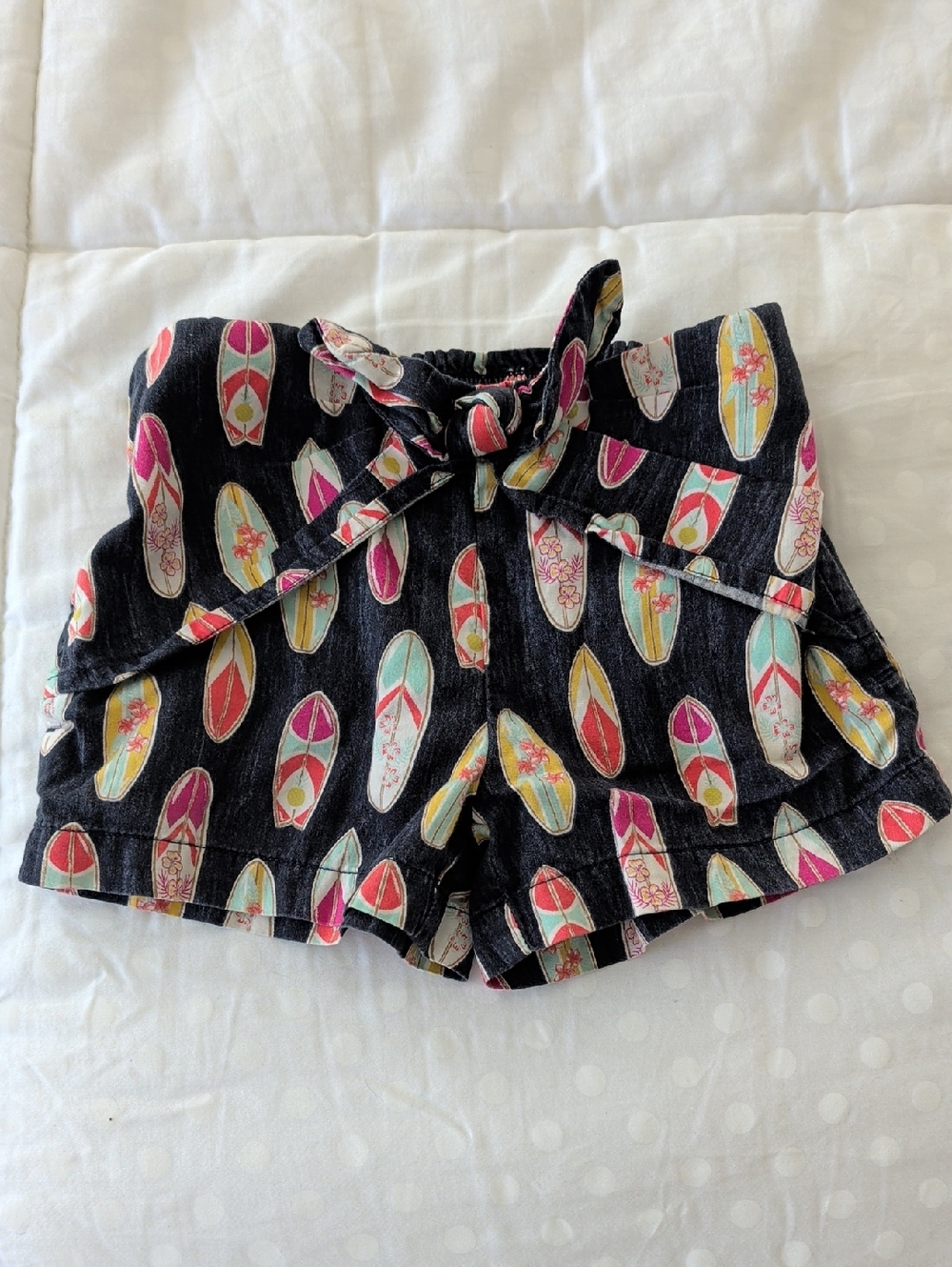 Girls High-Waist Black Surfboard Print Shorts with Tie Waist